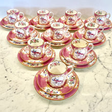 Load image into Gallery viewer, A set of ten Minton's pink cockatrice coffee cups, saucers and plates. circa 1912-1950