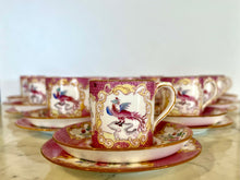 Load image into Gallery viewer, A set of ten Minton's pink cockatrice coffee cups, saucers and plates. circa 1912-1950