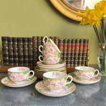 Load image into Gallery viewer, Six Minton's green cockatrice teacups, saucers and plates.