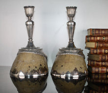 Load image into Gallery viewer, A rare pair of Rowland Ward Horse Hoof mounted Candlesticks