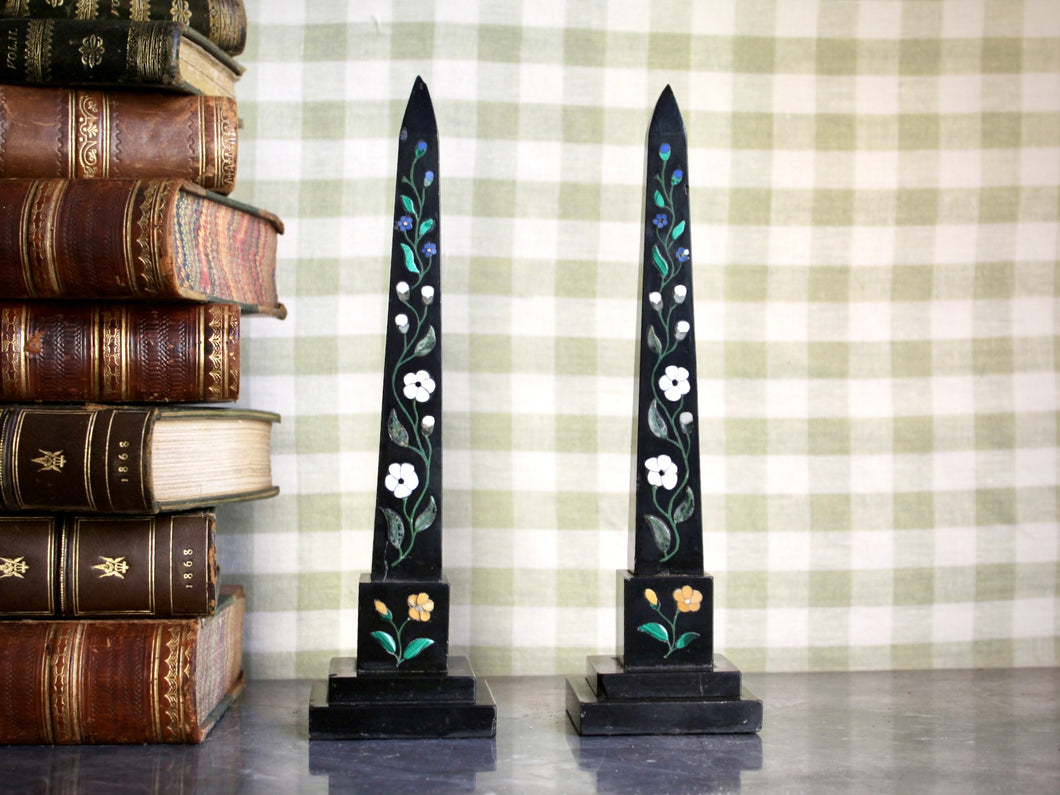 A rare pair of 19th century Derbyshire Ashford Pieta Dura Obelisks English circa 1870