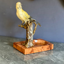Load image into Gallery viewer, An Austrian cold painted bronze model of a Budgerigar on a tree stump table lighter. Circa 1900
