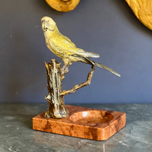 Load image into Gallery viewer, An Austrian cold painted bronze model of a Budgerigar on a tree stump table lighter. Circa 1900

