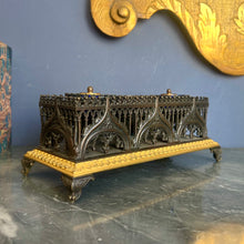 Load image into Gallery viewer, A French Empire period bronze and gilt bronze Gothic revival style inkstand. Circa 1810
