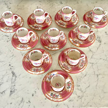 Load image into Gallery viewer, A set of ten Minton's pink cockatrice coffee cups, saucers and plates. circa 1912-1950
