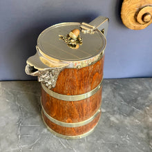 Load image into Gallery viewer, A Hardy Brother's oak lidded  jug with plated brass mounts, ceramic liner. Circa 1880
