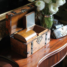 Load image into Gallery viewer, A 19th century burr walnut veneered "strong box" tea caddy. English Circa 1850
