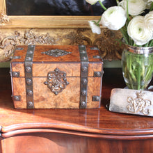 Load image into Gallery viewer, A 19th century burr walnut veneered "strong box" tea caddy. English Circa 1850
