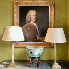 Load image into Gallery viewer, A pair of Vaughan reeded glass and brass column lamps.
