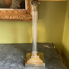 Load image into Gallery viewer, A pair of Vaughan reeded glass and brass column lamps.

