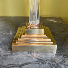 Load image into Gallery viewer, A pair of Vaughan reeded glass and brass column lamps.
