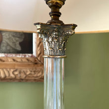 Load image into Gallery viewer, A pair of Vaughan reeded glass and brass column lamps.

