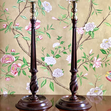 Load image into Gallery viewer, A fine large pair of good quality mahogany and brass candlesticks. English Circa 1870
