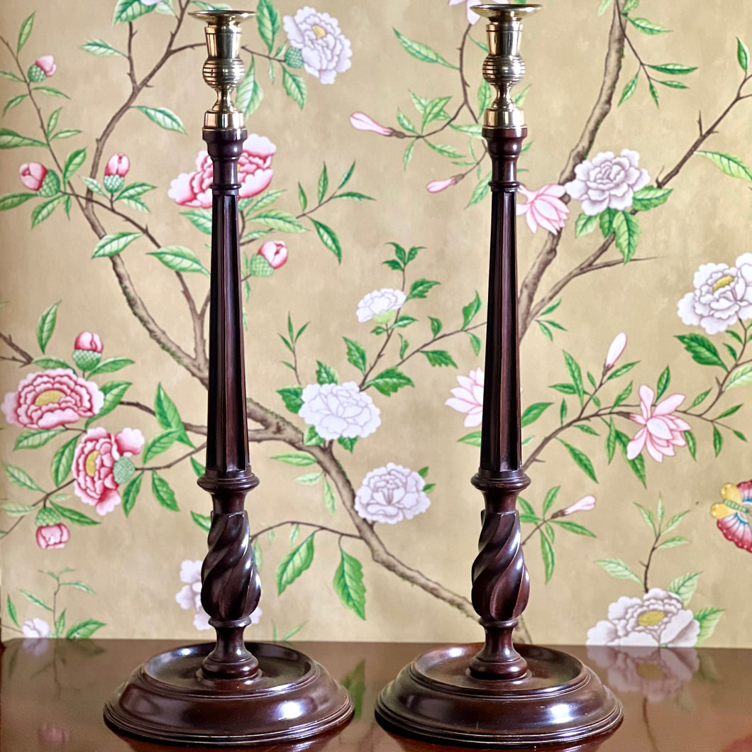 A fine large pair of good quality mahogany and brass candlesticks. English Circa 1870