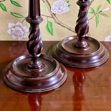 Load image into Gallery viewer, A fine large pair of good quality mahogany and brass candlesticks. English Circa 1870
