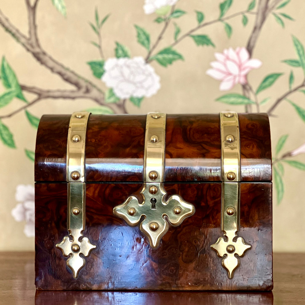 A Victorian Burr Walnut brass bound domed topped box. English Circa 1870