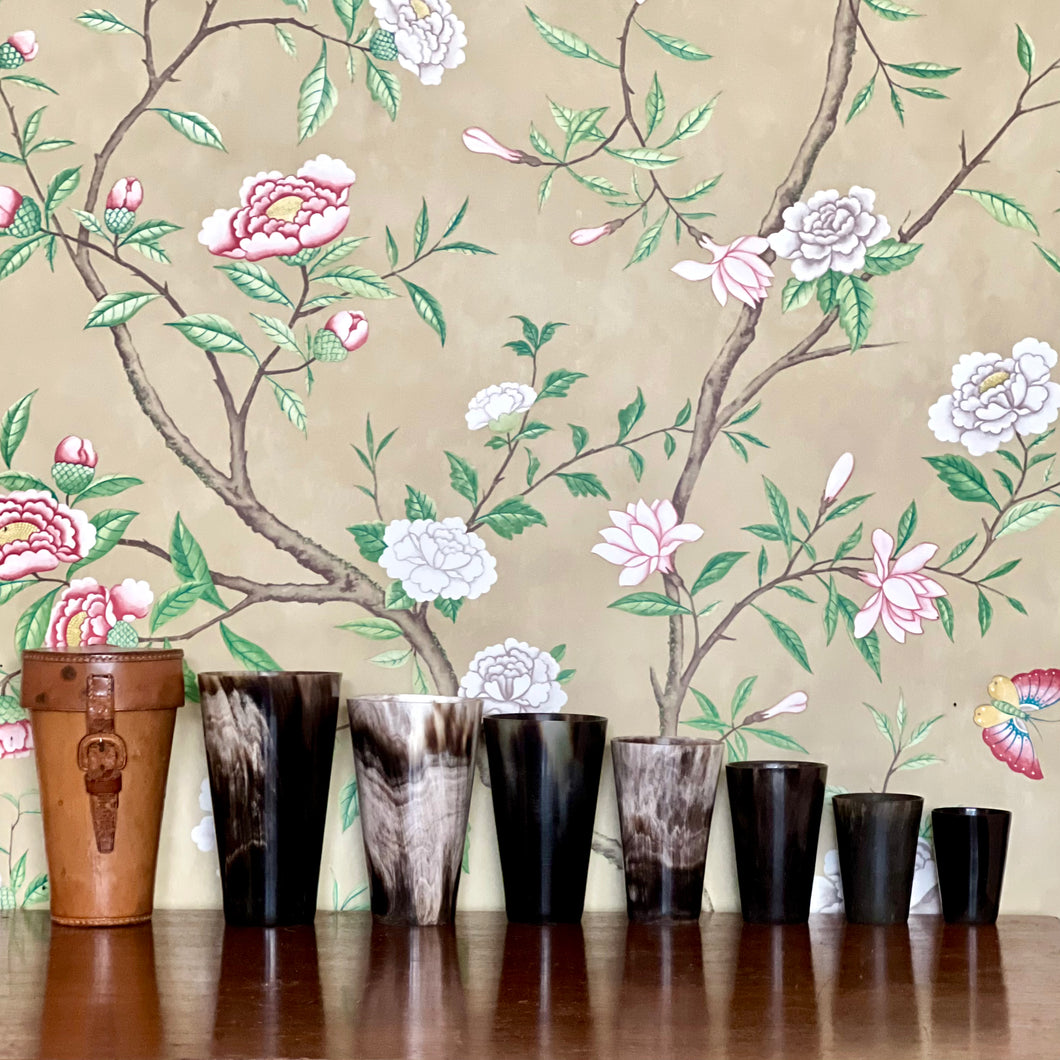 A Leather cased set of seven graduated Horn Beakers. Circa 1922