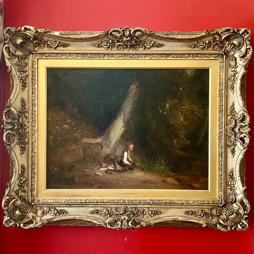William Collins RA (British 1787-1847) framed oil on canvas, Boy Fishing by a Stream. English circa 1820