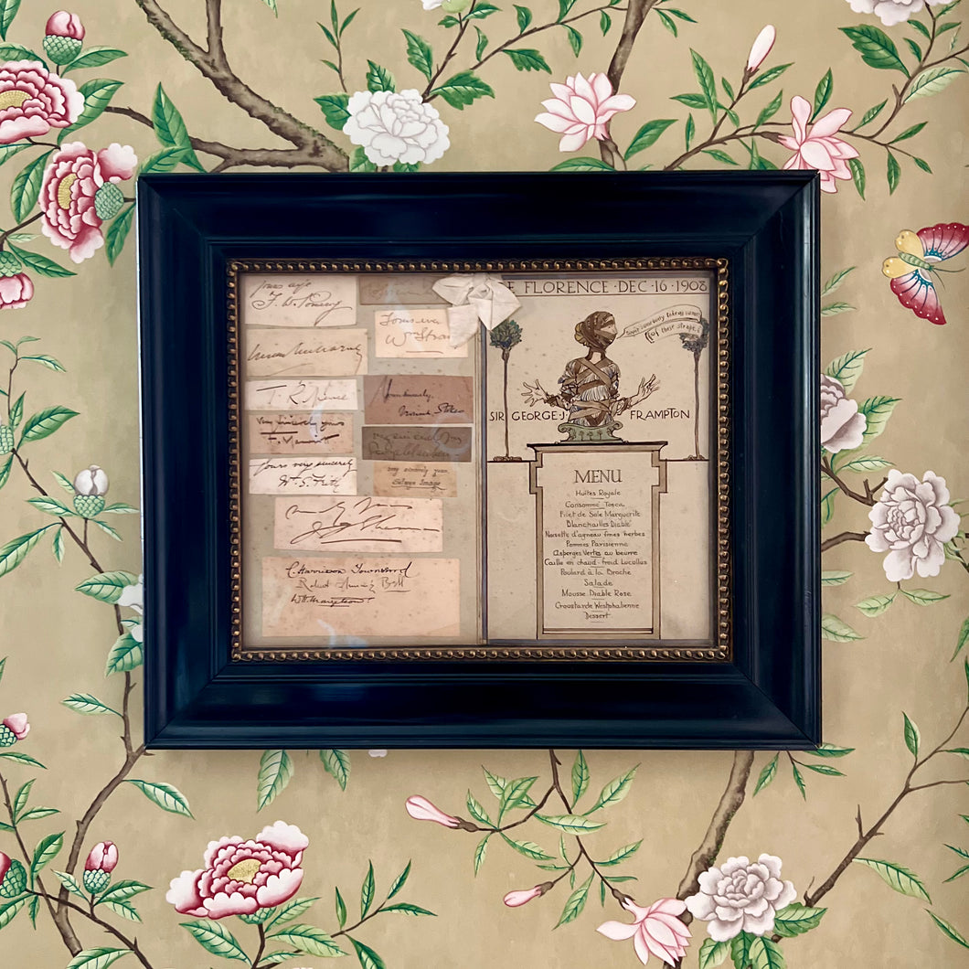A framed Sir George Frampton dinner menu, The Florence 12 December 1908.