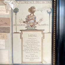 Load image into Gallery viewer, A framed Sir George Frampton dinner menu, The Florence 12 December 1908.
