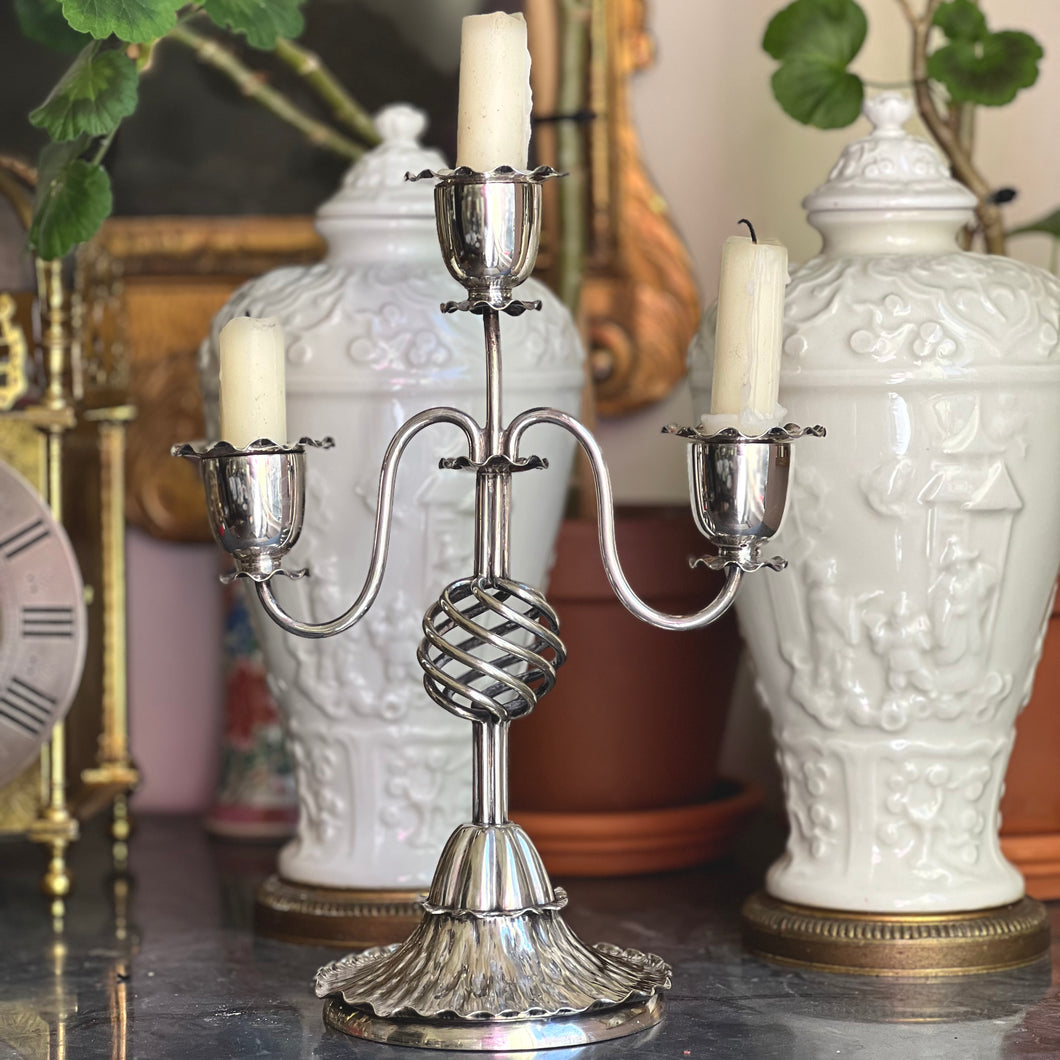 Christopher Dresser for Hukin and Heath a two branch, three light Silver Plated Candelabra. London circa 1880