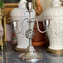 Load image into Gallery viewer, Christopher Dresser for Hukin and Heath a two branch, three light Silver Plated Candelabra. London circa 1880
