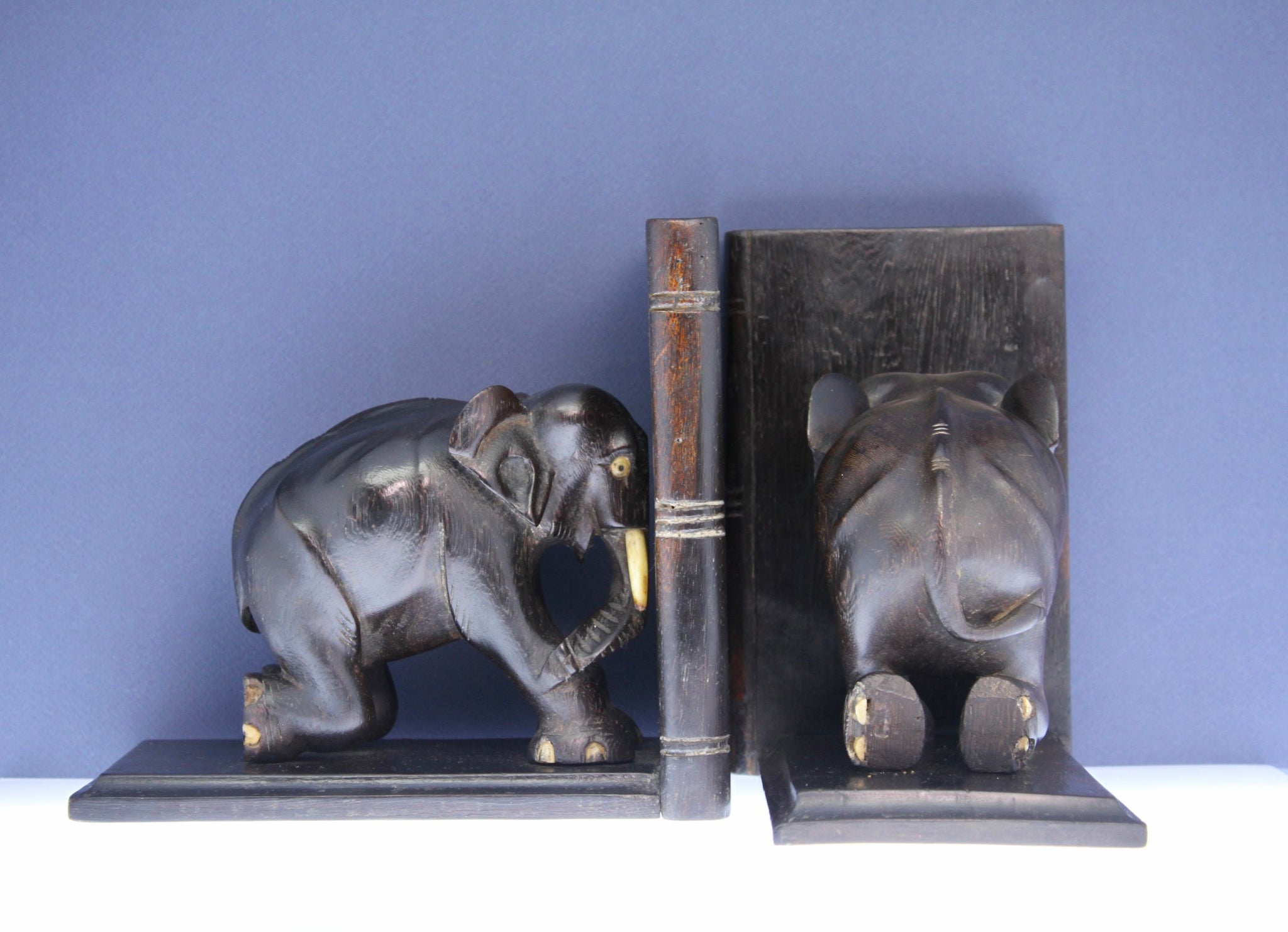 A pair of Vintage hand carved Hardwood Elephant Bookends cheapest made in Ceylon