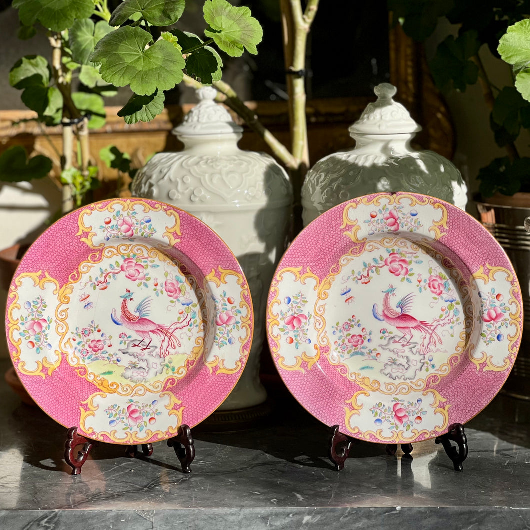 A pair of Minton Pink Cockatrice desert bowls. Circa 1900