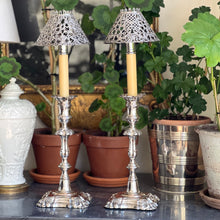 Load image into Gallery viewer, A pair of American Gorham candlestick inserts with shades. 20th century
