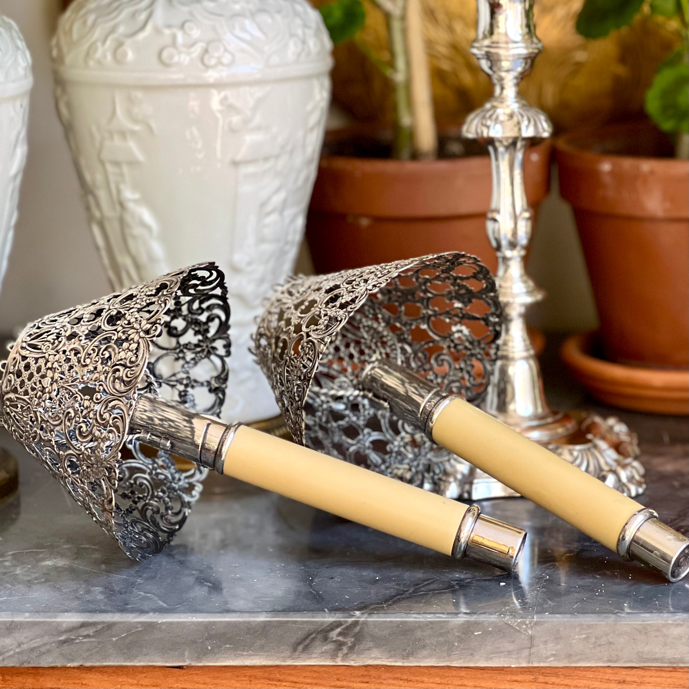 Candlestick Inserts A pair of American Gorham candlestick inserts with shades. 20th centur ...