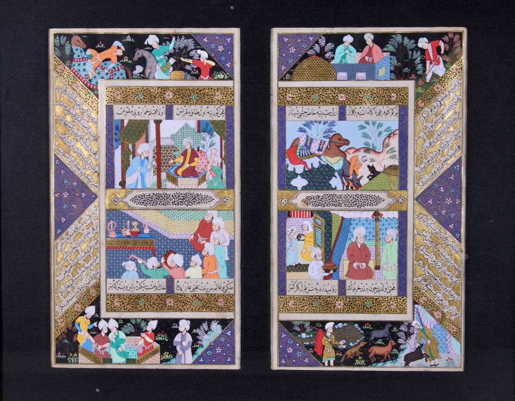 A framed pair of Indian Mughal Style Illuminated Book Pages.