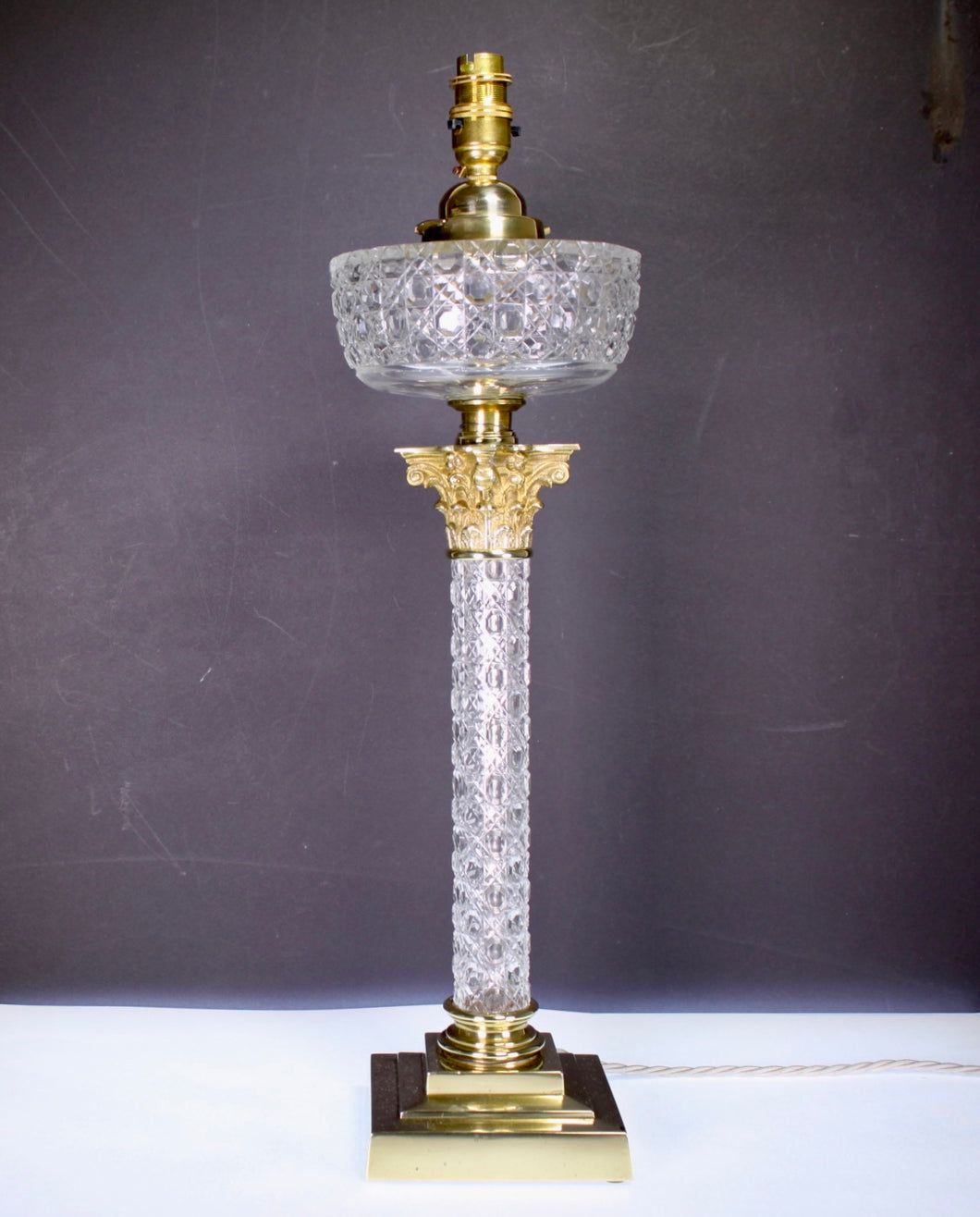 19th Century Cut Glass and Brass Corinthian Column Lamp. English Circa 1880