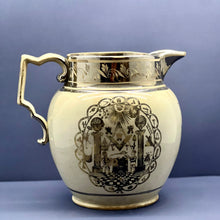 Load image into Gallery viewer, A large and rare Geo III period pearlware and silver lustre pottery Masonic jug. Dated 1812
